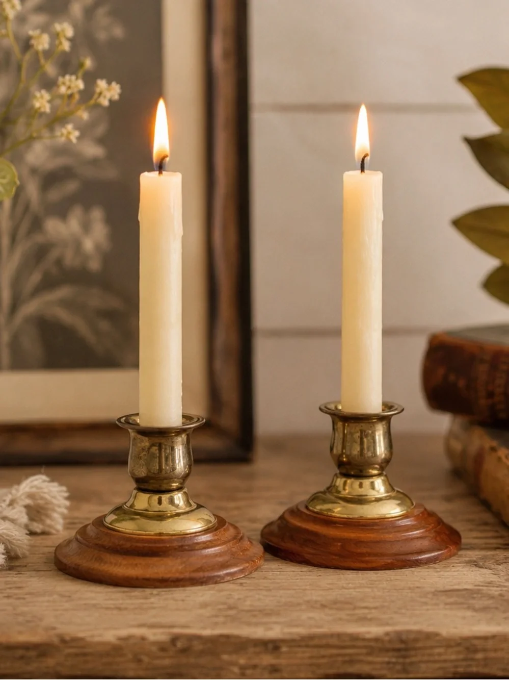 Vintage Brass & Wood Candlestick Holders Set of 2 Rustic Farmhouse Cottagecore